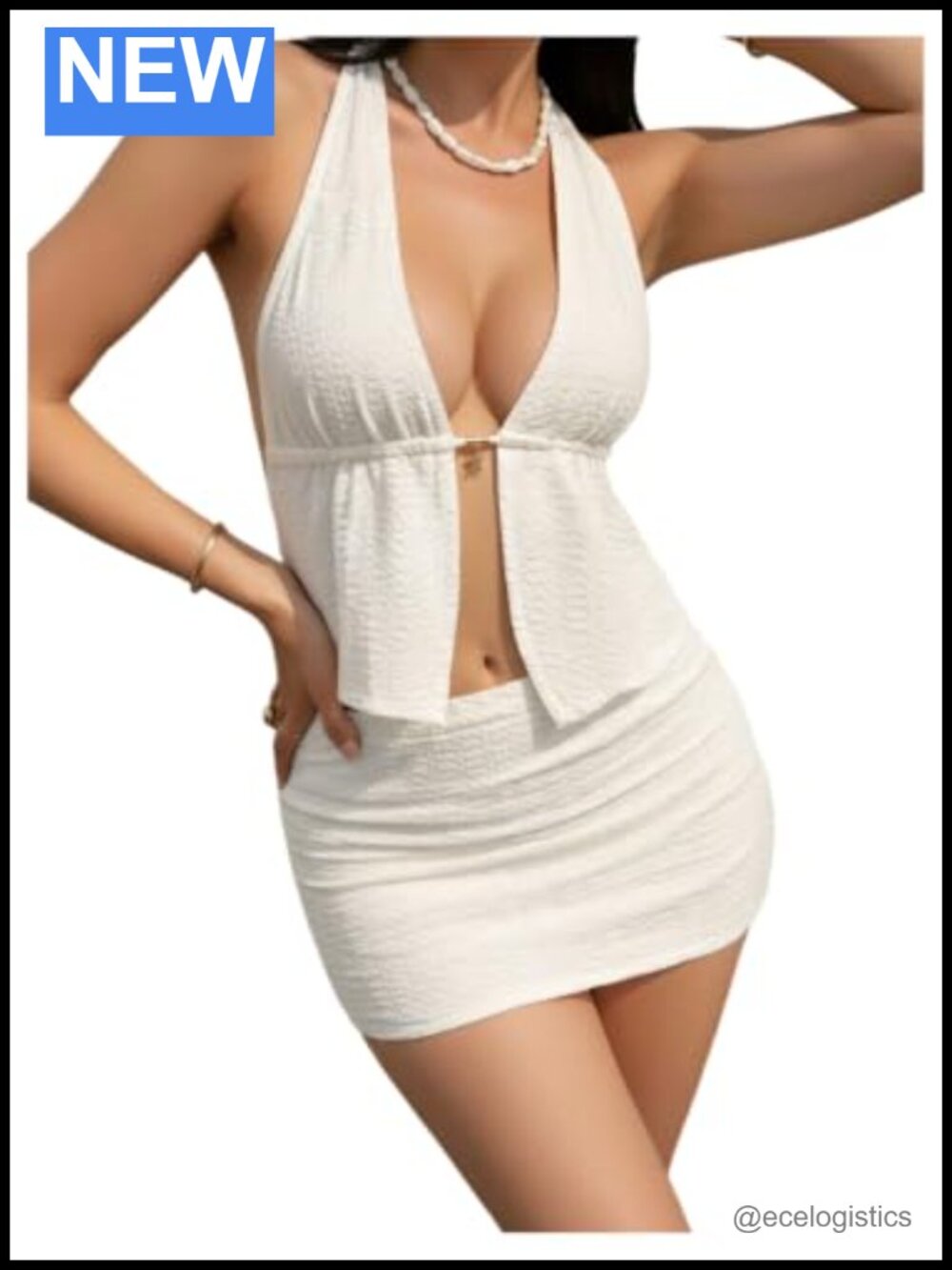 2pc Textured Halter Top & Mini Skirt Summer Outfit Set Going Out Sleeveless